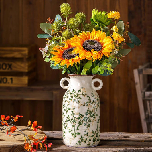 Charming Vintage Green and Beige Ceramic Vase with Handles – Rustic Farmhouse Home Decor for Living Room, Kitchen, and Bedroom – 9.1 Inch Floral Accent Piece