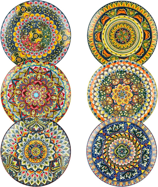 Ceramic Dessert Plates Set of 6, 8.5 Inch Porcelain Salad Plate, Colorful Bohemian Style Serving Dishes for Cake, Snack, Appetizer, Decorations, Dishwasher & Microwave Safe