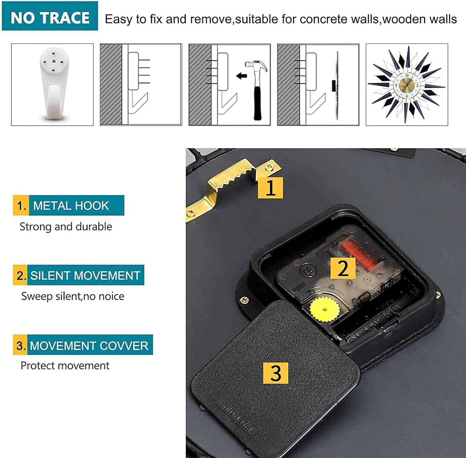 Large 23.6 INCH Metal Starburst Wall Clock,Non-Ticking Silent Quartz Mid-Century Satellite Large Wall Clocks, Big Wall Clocks for Living Room Kitchen Office Decor…