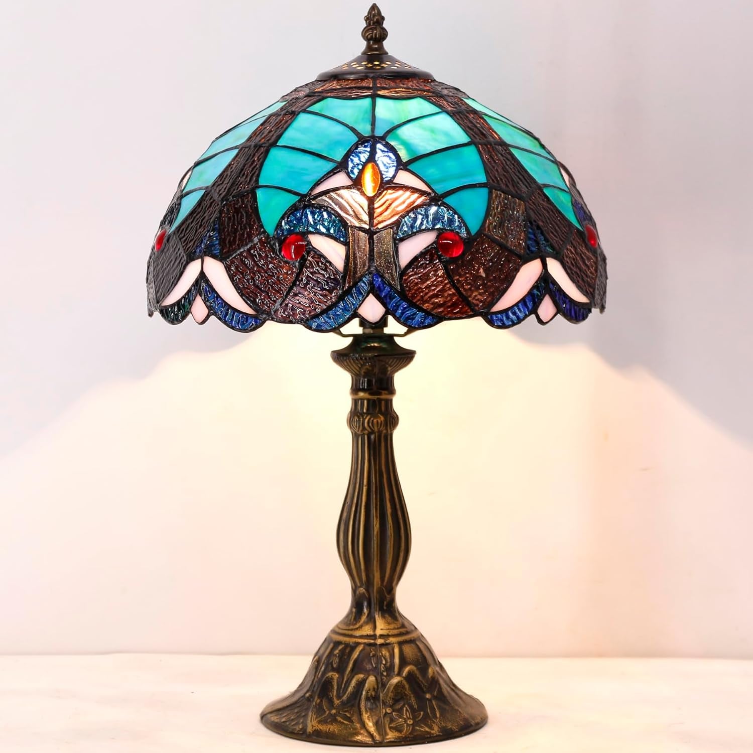 Tiffany Style Lamp Green Liaison Stained Glass Bedside Table Lamp Reading Desk Light 12X12X18 Inches Decor Nightstand Bedroom Living Room Home Office S160G Series