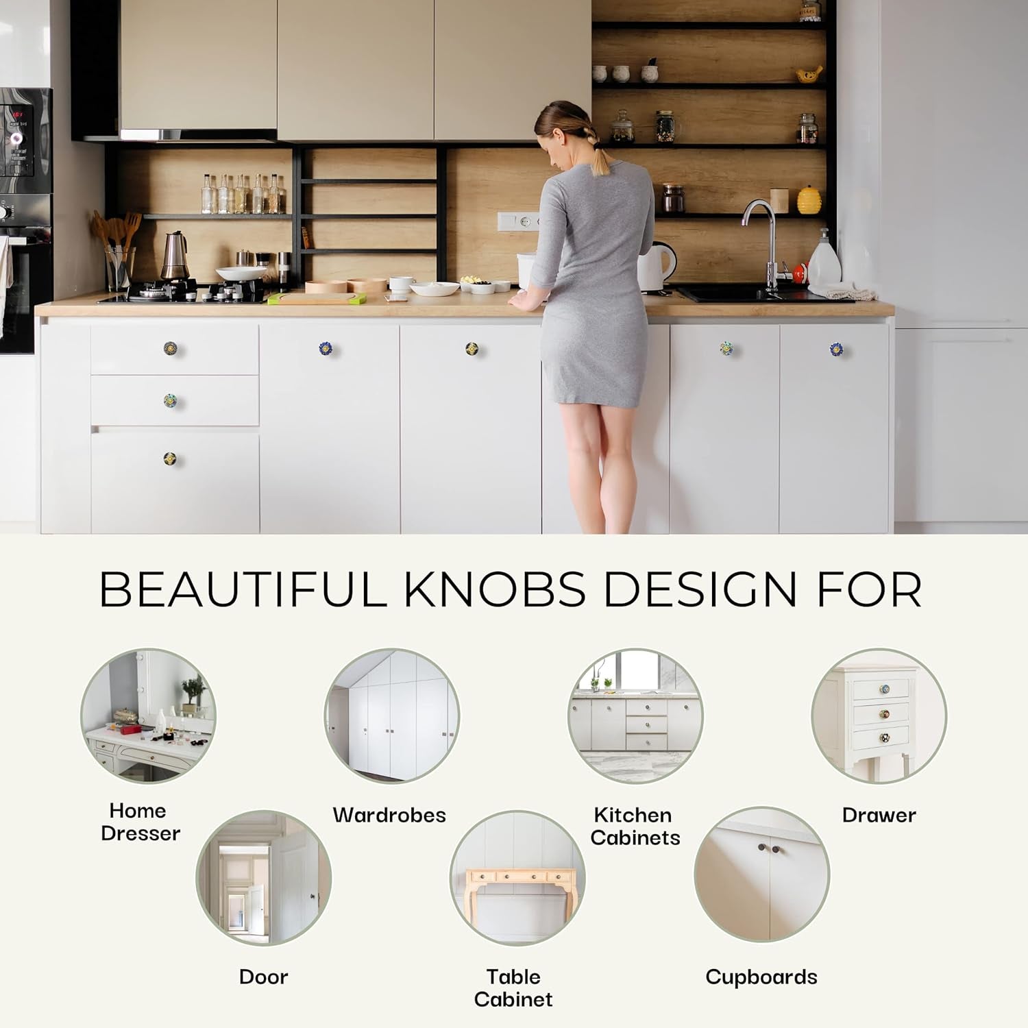 Ceramic Knobs for Cabinet Dresser Drawer and Furniture Hand Painted Antique Boho Cupboard Pull Knob Multicolor Pack of 10