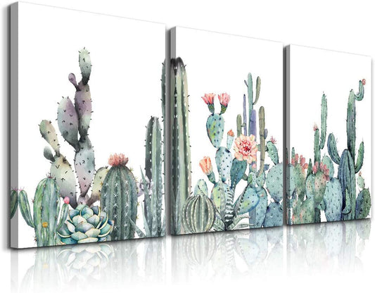 Canvas Wall Art for Bedroom Living Room Canvas Prints Artwork Bathroom Wall Decor Green Plants Cactus Flower Watercolor Painting 16" X 24" 3 Pieces Modern Framed Ready to Hang Office Home Decoration