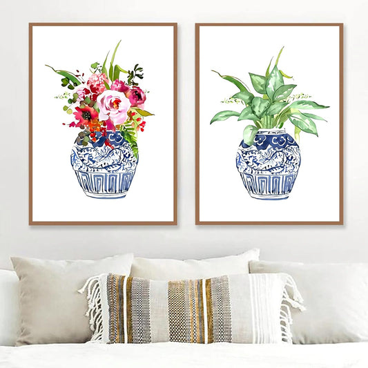 Chinoiserie Art Print Ginger Jar Blue White Porcelain China Ming Vase Canvas Wall Art Chinoiserie Art Print Poster Wall Art Decor Poster Painting on Canvas Print Pictures Floral Decor Art No Frame