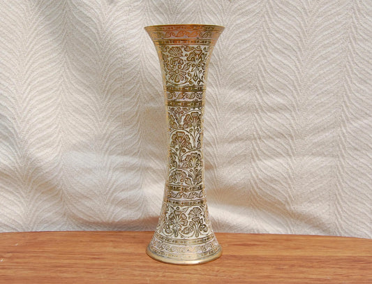 Large Vintage Indian Brass Vase - Decorative Etching - Intricate Design - Made in India - Heavy Brass Vase