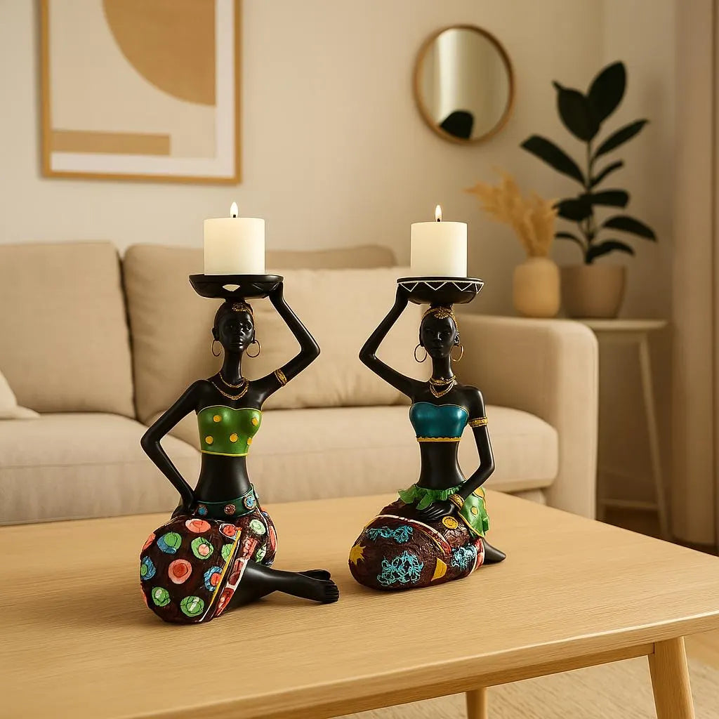 African Woman Candle Holder – Hand-Painted Sculpture – Boho Home Décor