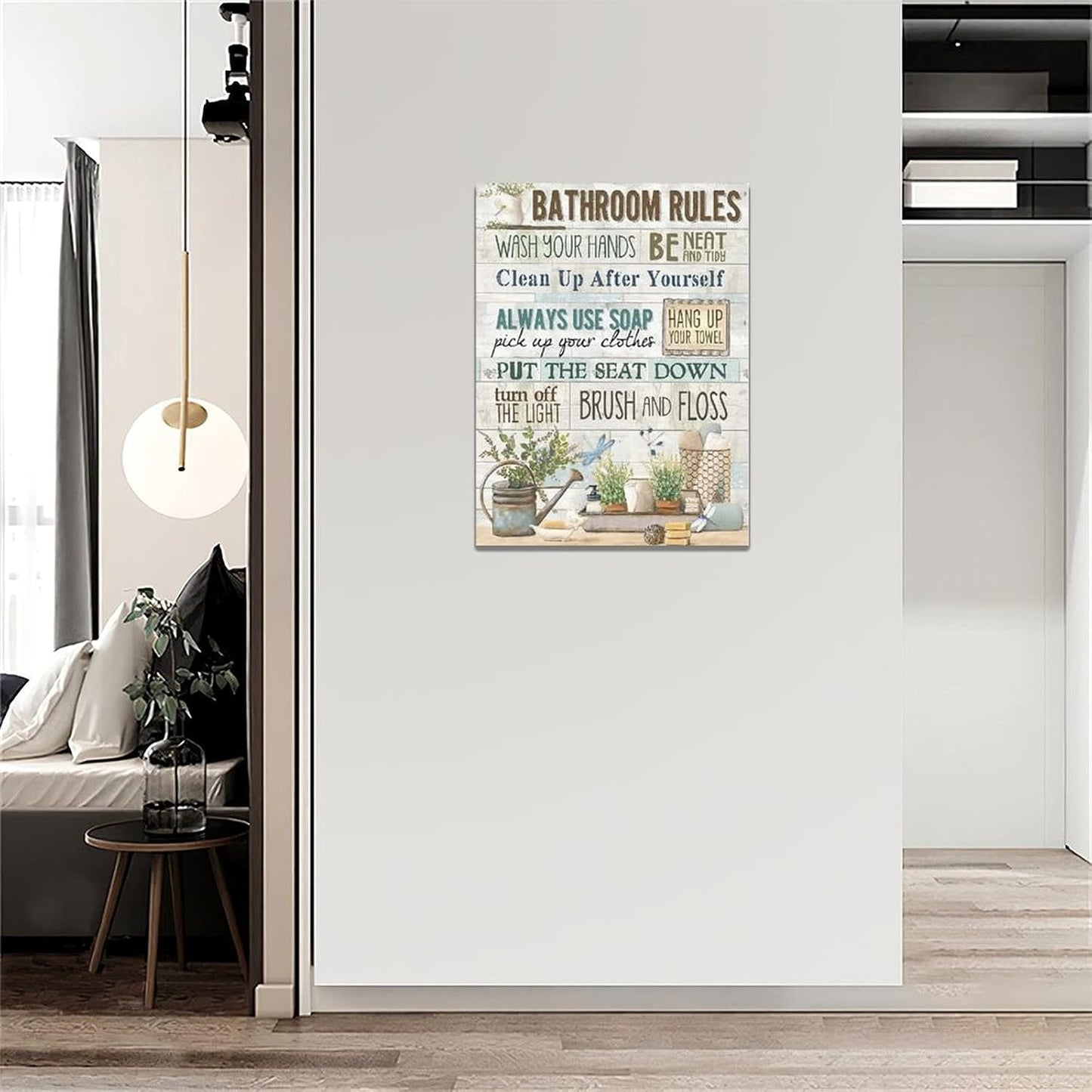 Rustic Bathroom Rules Canvas Prints - Farmhouse Wall Decor, Framed Bathroom Artwork for Laundry Room & Home Decorations