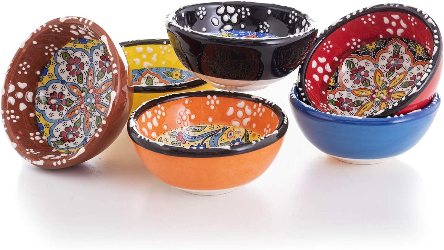 Decorative Turkish Ceramic Bowl Set of 6 Serving-Handcrafted(3.14''- 8Cm) 2.5Oz Pinch Sauce Multicolor Dipping Finger Small Serving Charcuterie Bowls