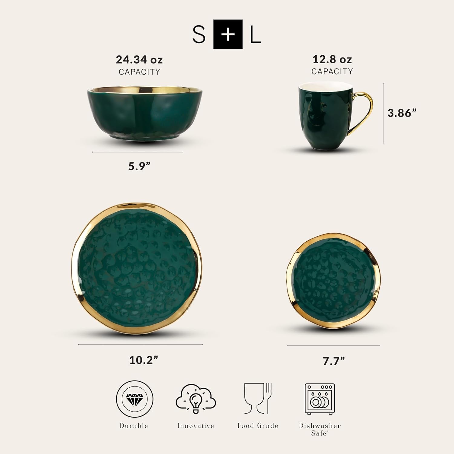 Florian Modern Porcelain Dish Set, 32-Piece Dishes for 8, Gold and Green (Porcelain Dinnerware Set)