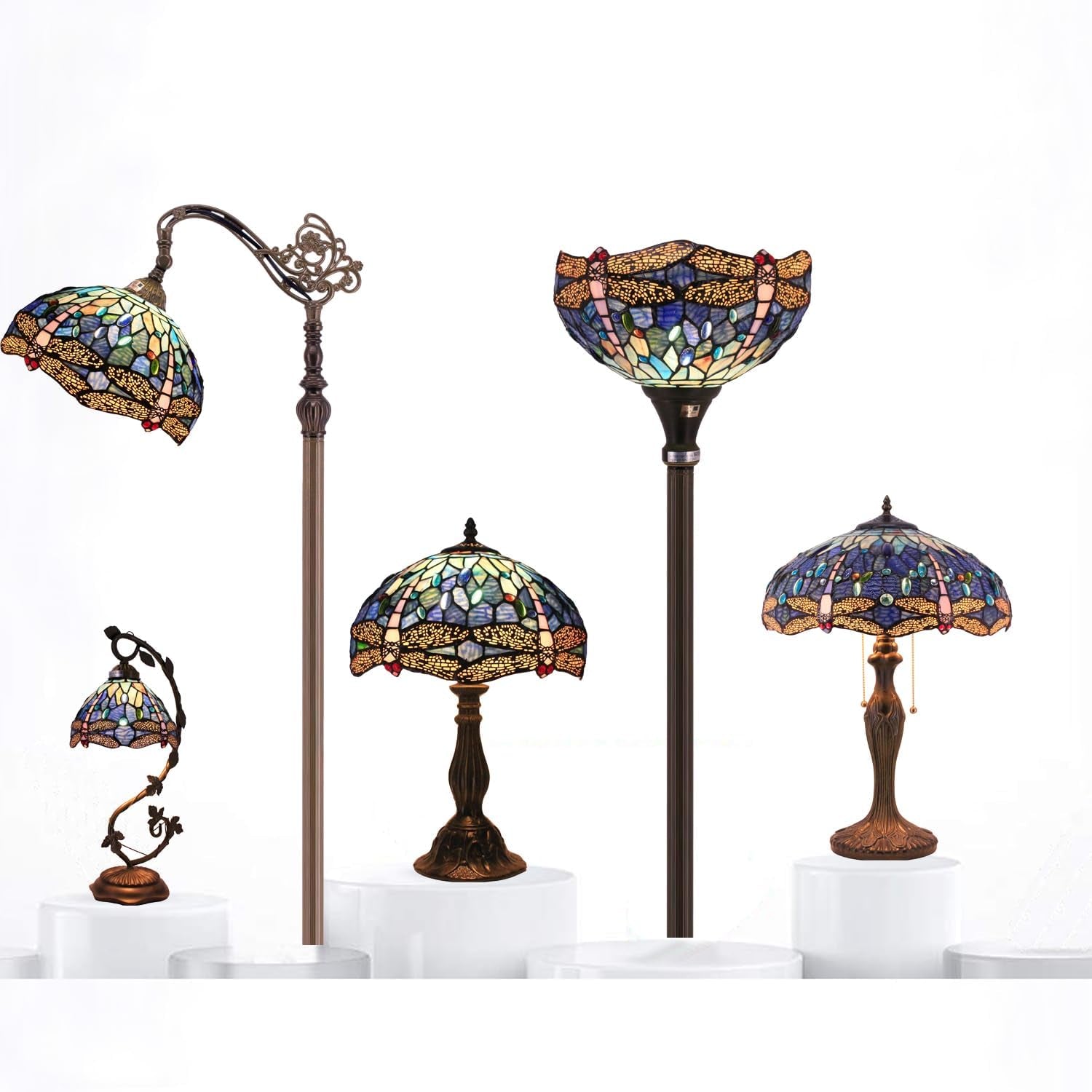 Tiffany Table Lamp Blue Stained Glass Dragonfly Style Desk Bedside Reading Light 12X12X18 Inches Decor Bedroom Living Room Home Office S631 Series