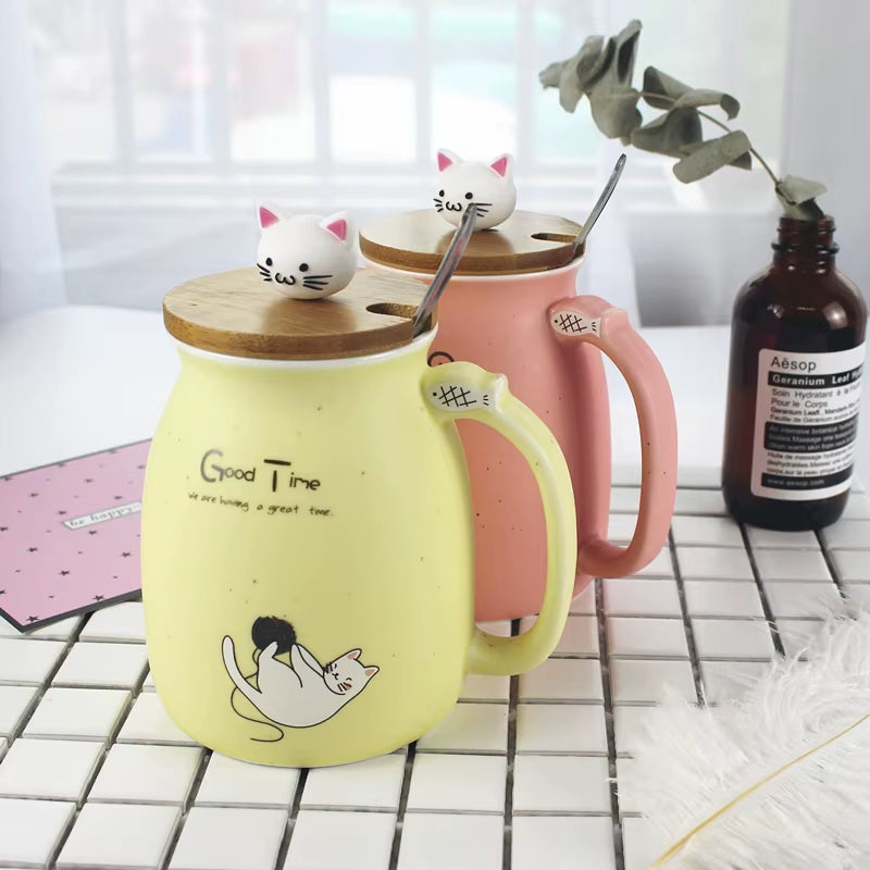 New Sesame Cat Heat-Resistant Cup Color Cartoon with Lid Cup Kitten Milk Coffee Ceramic Mug Children Cup