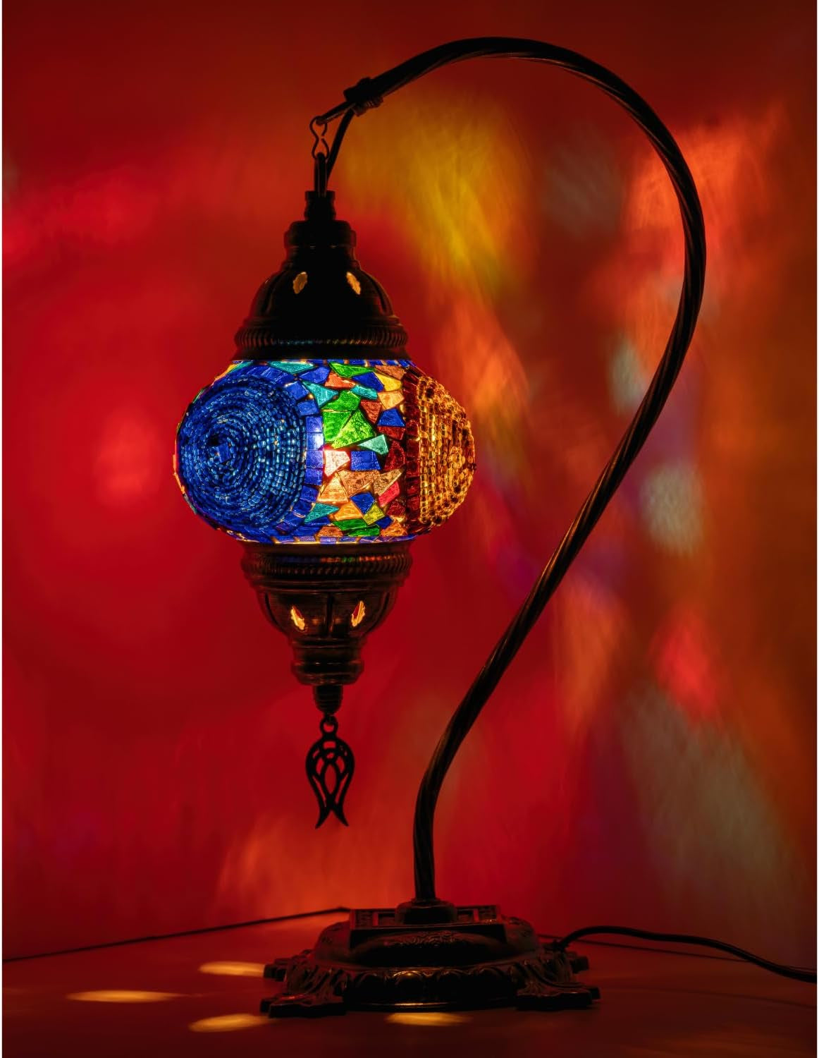 Handmade Turkish Moroccan Mosaic Lamp – Stunning Glass Swan Neck Design with Antique Brass Base, Perfect for Bedroom, Office, and Living Room – Includes Bulb (Red & Navy Central Circles)