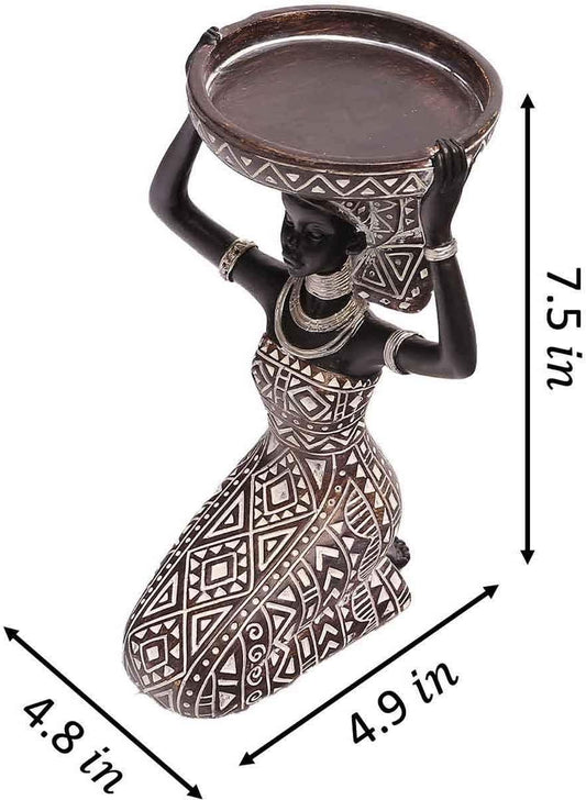 African Lady Figurine Candle Holder with African Tribal Totem for Wedding, Holiday Decor-African Decorative Women Statues, Candlestick Holder for Home and Table Decor(753-Black)