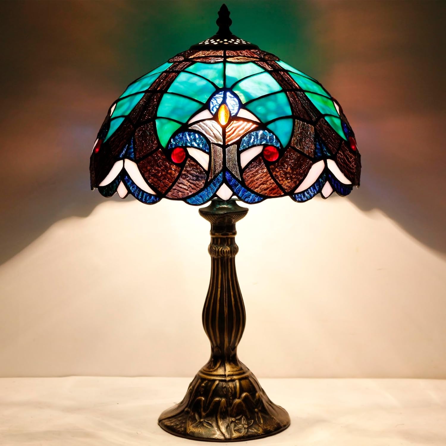 Tiffany Style Lamp Green Liaison Stained Glass Bedside Table Lamp Reading Desk Light 12X12X18 Inches Decor Nightstand Bedroom Living Room Home Office S160G Series