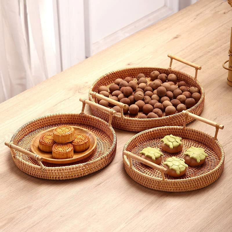 Woven Serving Tray, Rattan round Tray, Wicker Serving Basket with Wooden Handles (12.6 Inch / 32Cm)