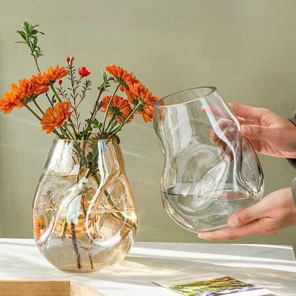 Flower Vases Decorative Boho Clear Glass Vases for Centerpieces Decorative Square Glass Vase for Flowers Home Decor Bedroom Living Room Party Office Wedding (Amber)