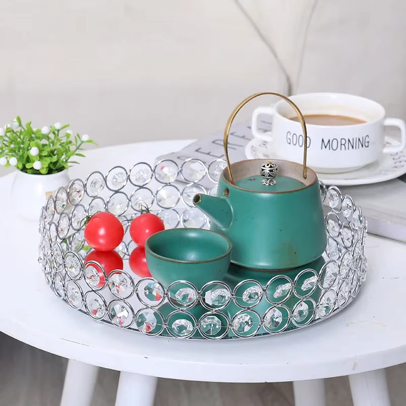 Crystal Decoratiive Mirror Tray round Plate Luxury Serving Tray Table Metal Makeup Storage Dishes Wedding Trinket Decoration