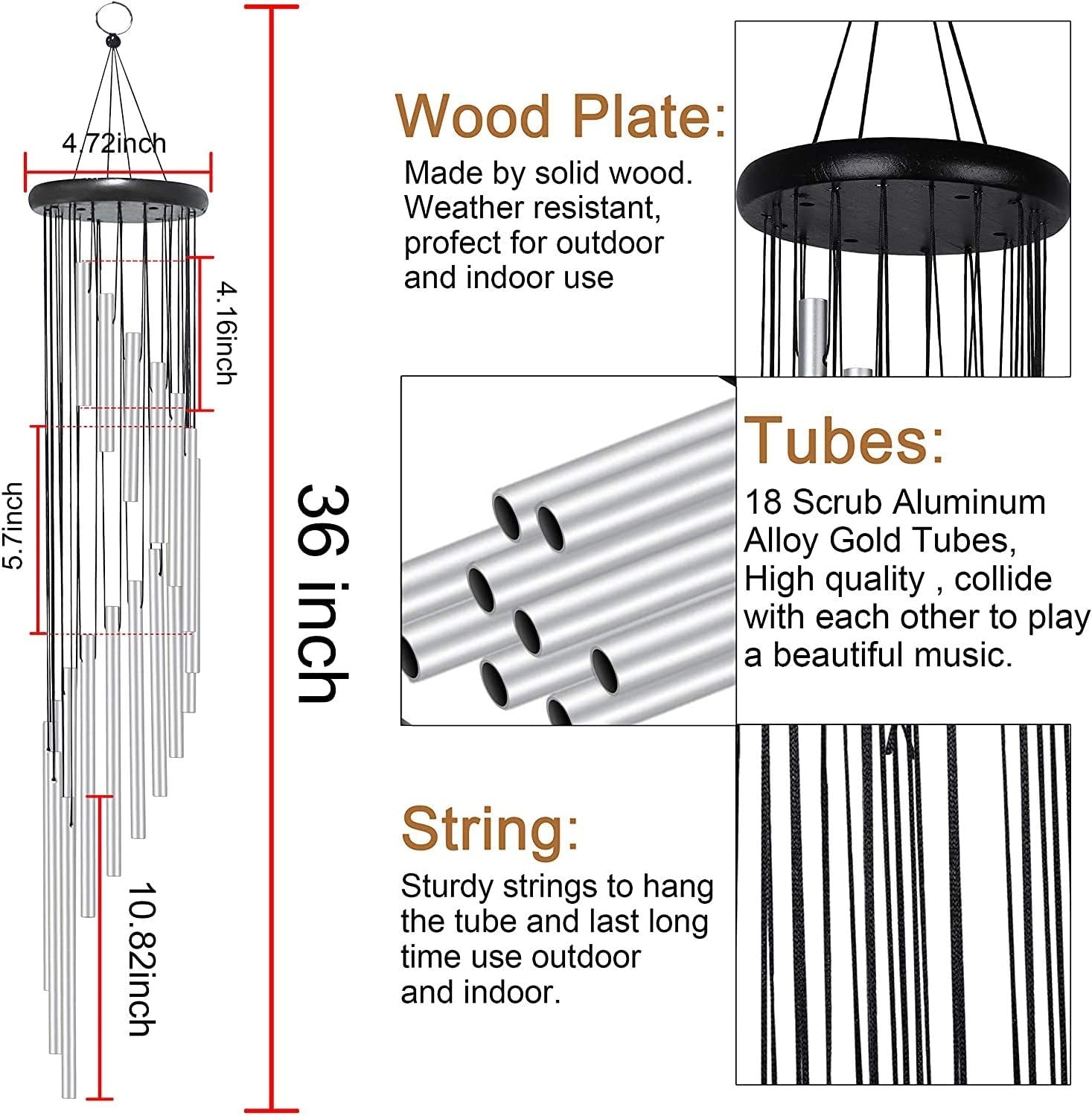 Wind Chime Outdoor Large Sliver Aluminium Tube Wind Chime Solid Wood and 18 Scrub Aluminum Alloy Gold Tubes Wind Chime 36’’ Large Sliver Wind Chime for Party, Garden, Decor, Gift Etc (Silver)