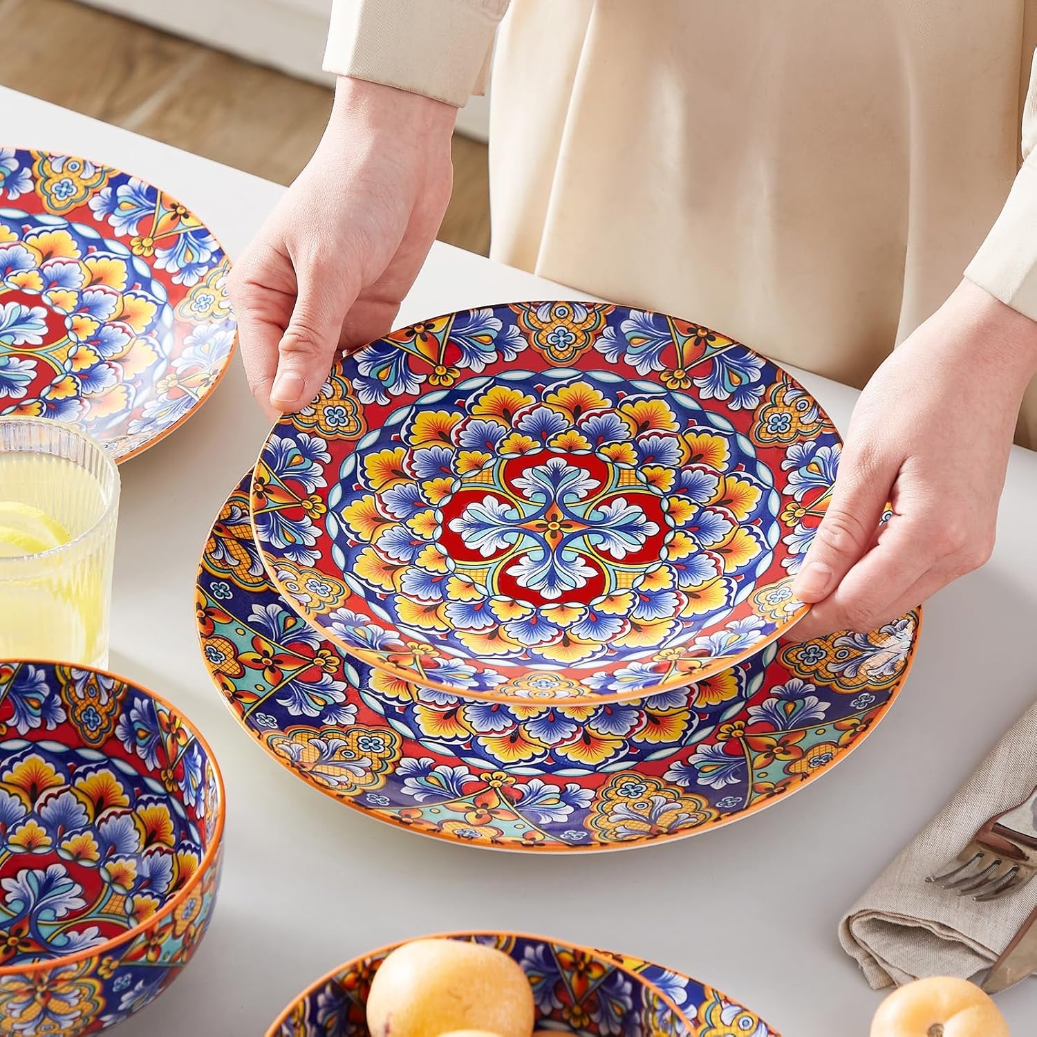 12 Pieces Dinnerware Sets, Orange Plates and Bowls Set, Porcelain Dishes Set for 4, Microwave and Dishwasher Safe, Scratch Resistant, Bohemian Style Dining Ware Service for 4, Series SIMI