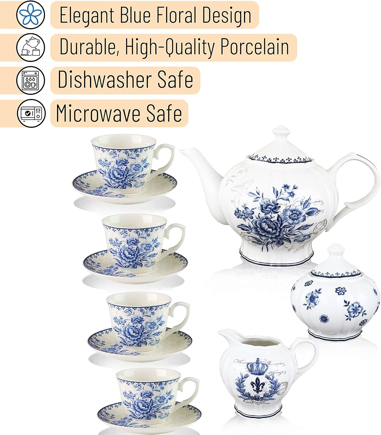 Btat- Blue Dream Tea Set, Tea Cups (8Oz), Tea Pot (48Oz), Creamer and Sugar Set, Gift Box, China Tea Set, Tea Service, Tea Cups and Saucer Set, Tea Set for Adults, Porcelain Tea Set