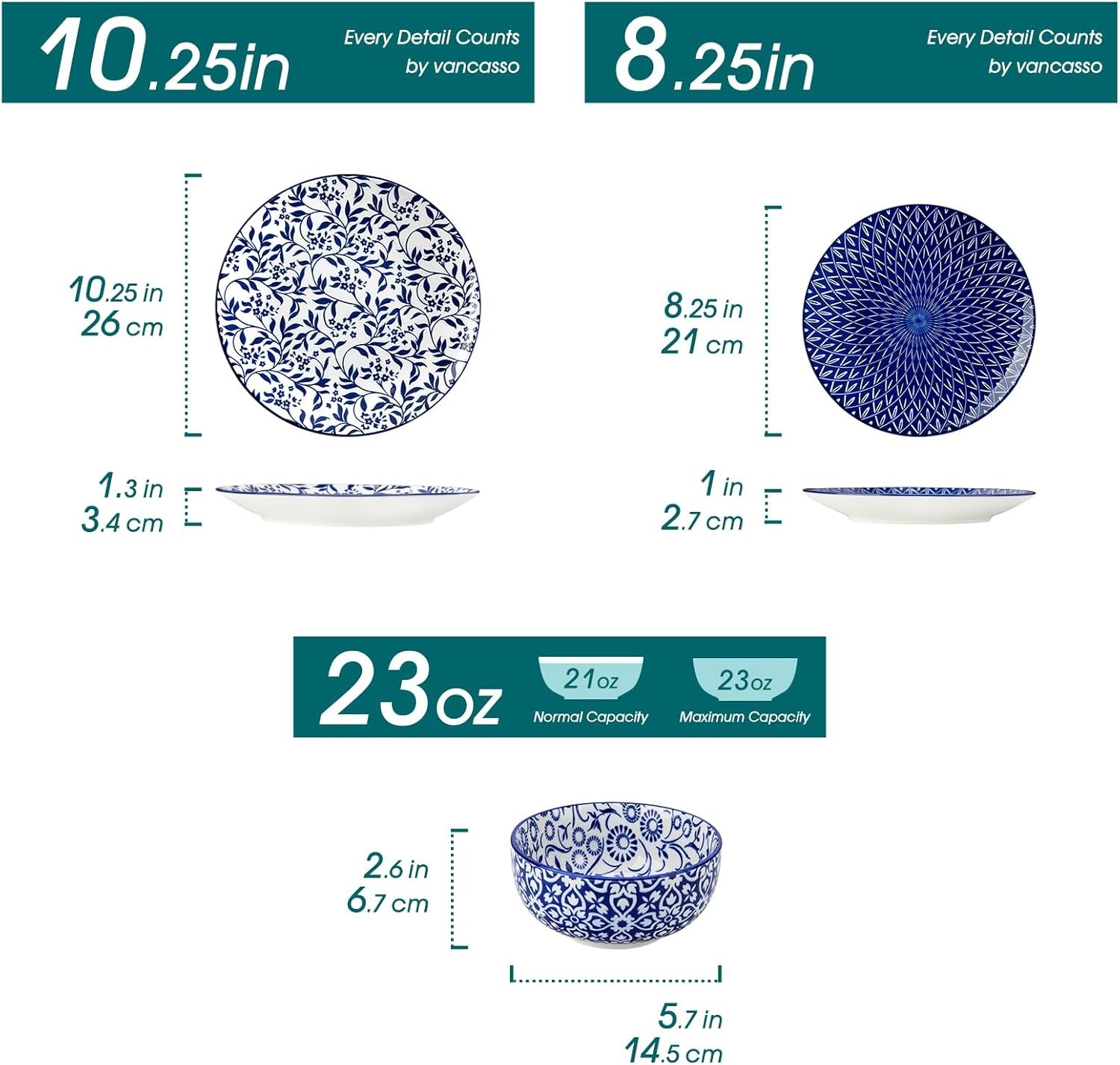 SELENE Plates and Bowls Set for 4, 12 Pieces Dinnerware Sets, Mircowave and Dishwasher Safe Dishes Set, Porcelain Blue Dinnerware