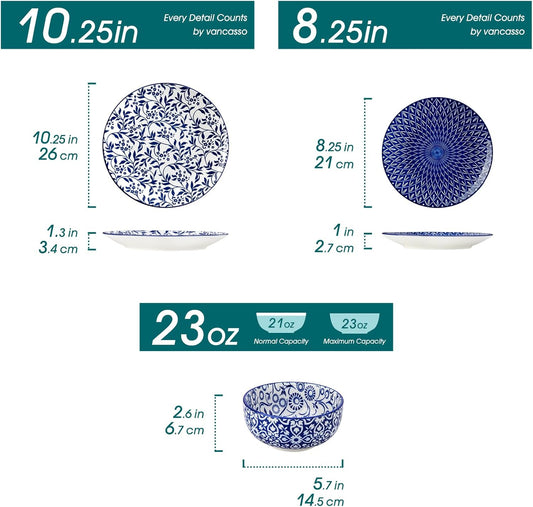 SELENE Plates and Bowls Set for 4, 12 Pieces Dinnerware Sets, Mircowave and Dishwasher Safe Dishes Set, Porcelain Blue Dinnerware