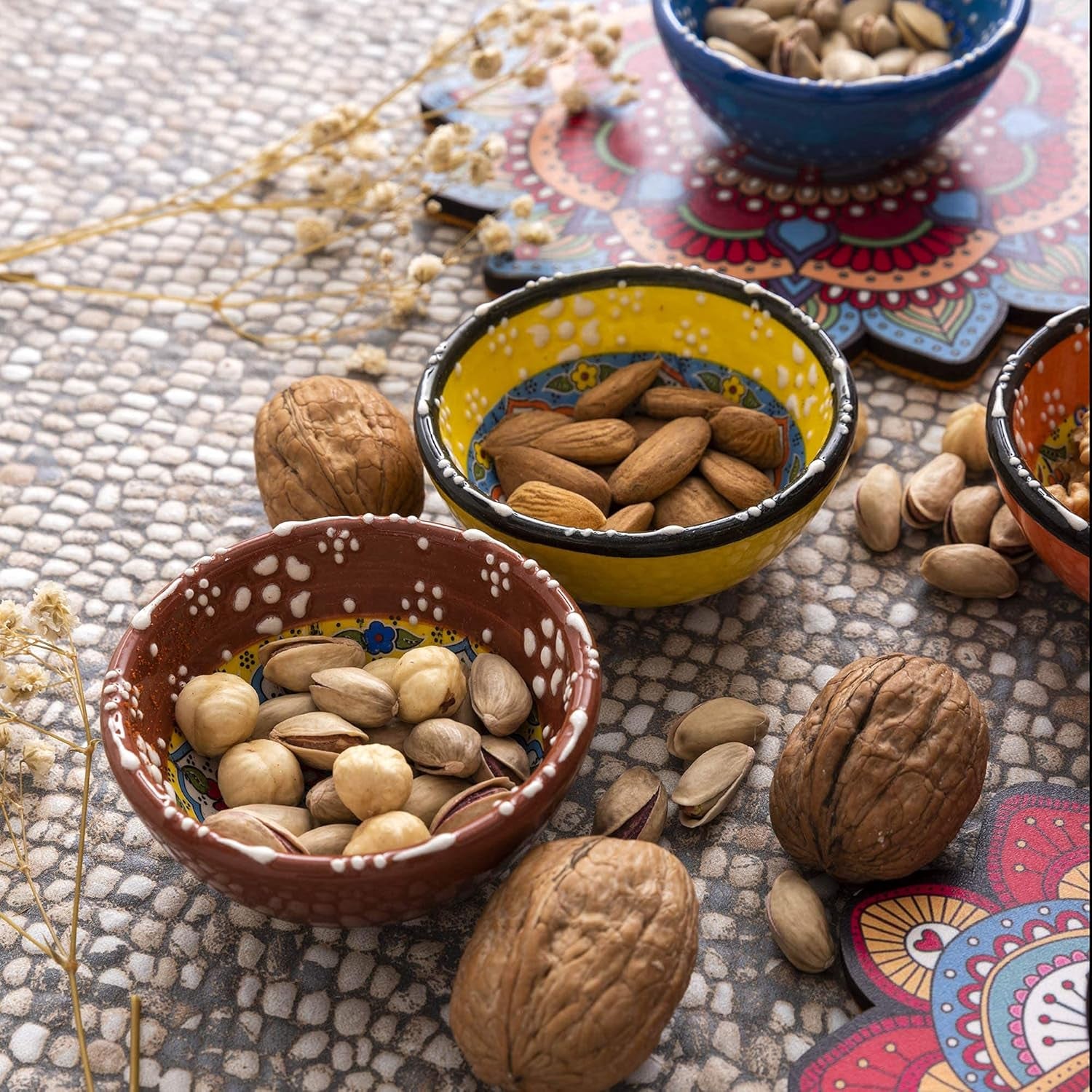 Decorative Turkish Ceramic Bowl Set of 6 Serving-Handcrafted(3.14''- 8Cm) 2.5Oz Pinch Sauce Multicolor Dipping Finger Small Serving Charcuterie Bowls