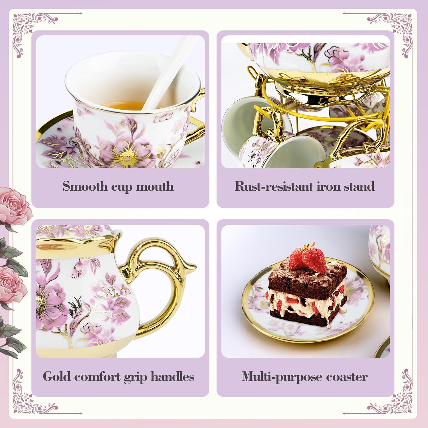 20 Pcs Porcelain Tea Set with Metal Holder, European Ceramic Tea Set for Adults, Adult Tea Set Gift, Flower Tea Cup Saucer Set for Party with Gold Flower Painting (Elegant Purple)