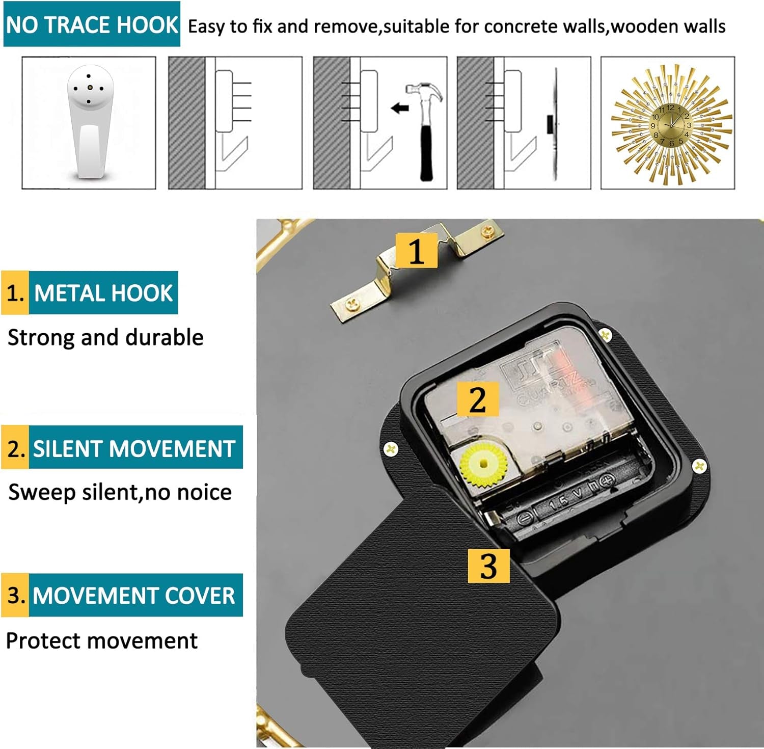 Large Wall Clock Decorative Wall Clocks 3D Non-Ticking Silent Quartz Clocks with Arabic Numerals for Living Room Home Kitchen Decor