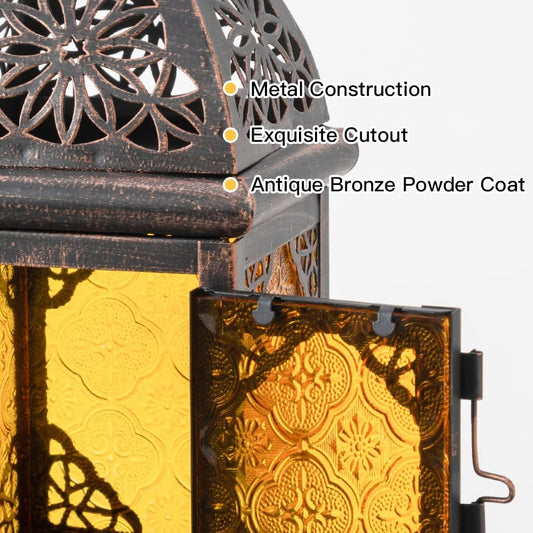 Vintage Moroccan Candle Lantern - 12" Amber Metal Hanging & Tabletop Decor for Indoor/Outdoor, Perfect for Christmas & Halloween Ambiance