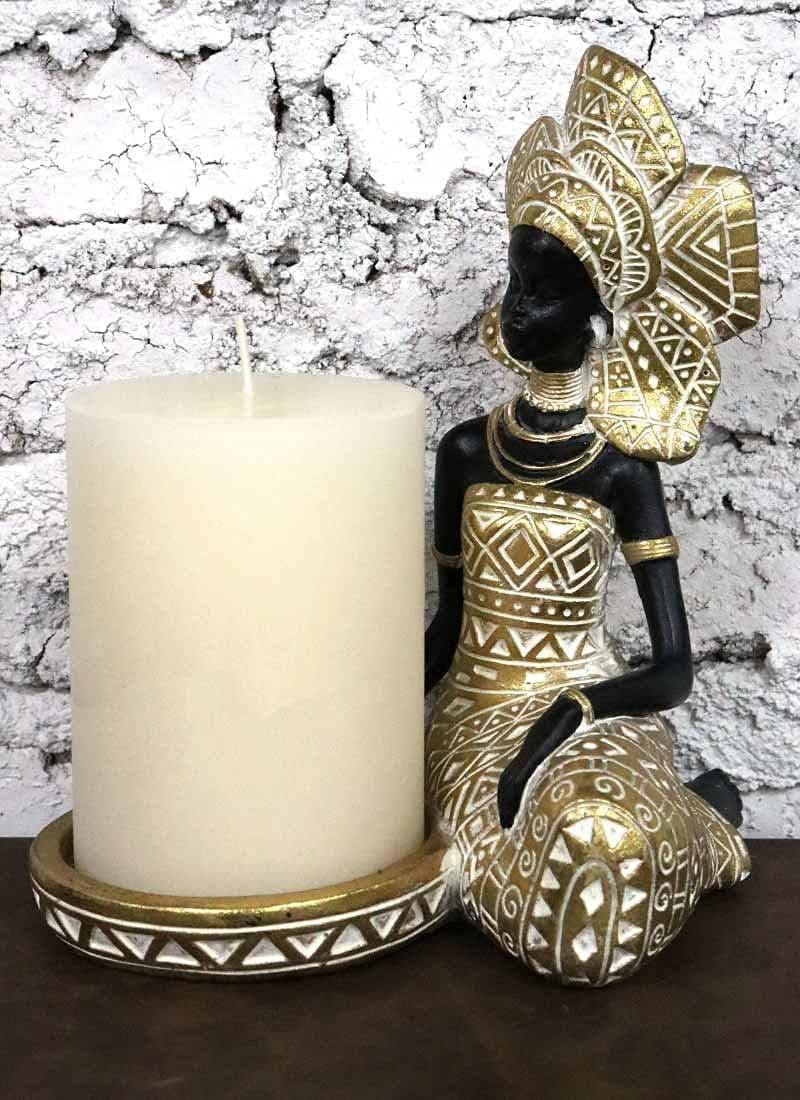 African Lady Figurine Candle Holder with African Tribal Totem for Wedding,Church,Holiday Decor-African Decorative Women Statues, Candlestick Holder for Home and Table Decor(754-Gold)