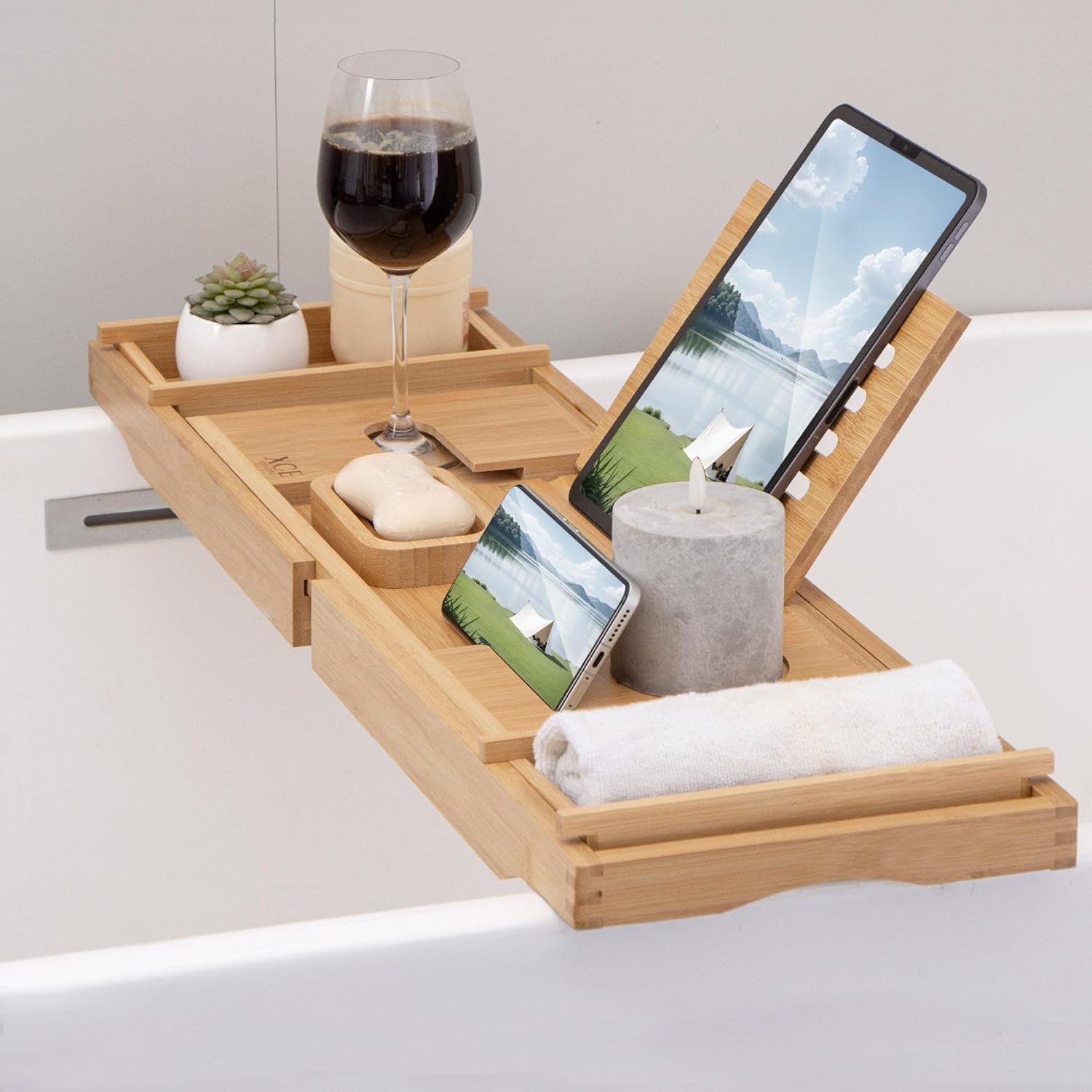 Bathtub Caddy Tray Expandable to 105Cm with Bamboo Book Stand and Soap Tray, Natural