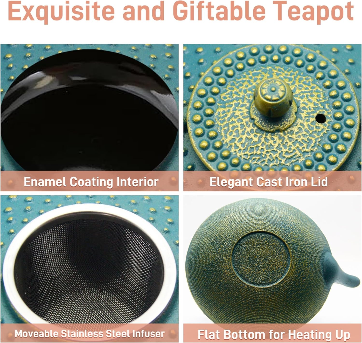 27.1Oz Small Cast Iron Teapot, Tea Kettle Coated with Enameled Interior for Stovetop Safe, Japanese Style Cast Iron Teapot with Stainless Steel Infuser for Loose Tea,Flat Pattern(800Ml)