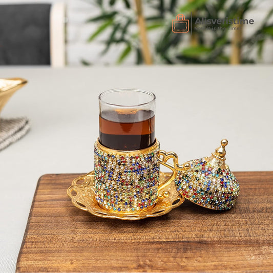 Crystal-Embellished Turkish Tea Glass Set with Zamak Holders and Saucers (SET of 6) (Multi)