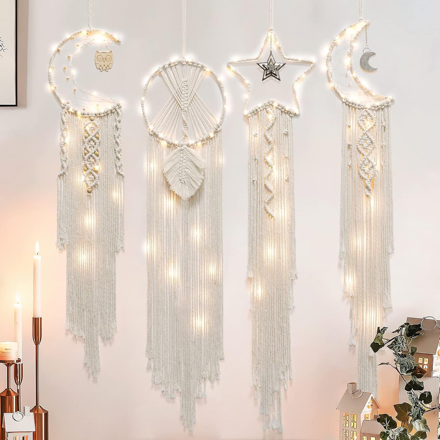 4 Pack Boho Dream Catcher Wall Decor Moon Dream Catcher Macrame Woven Wall Hanging Boho Home Decor Wall Art Beautiful Apartment Dorm Room Decor (Beige)