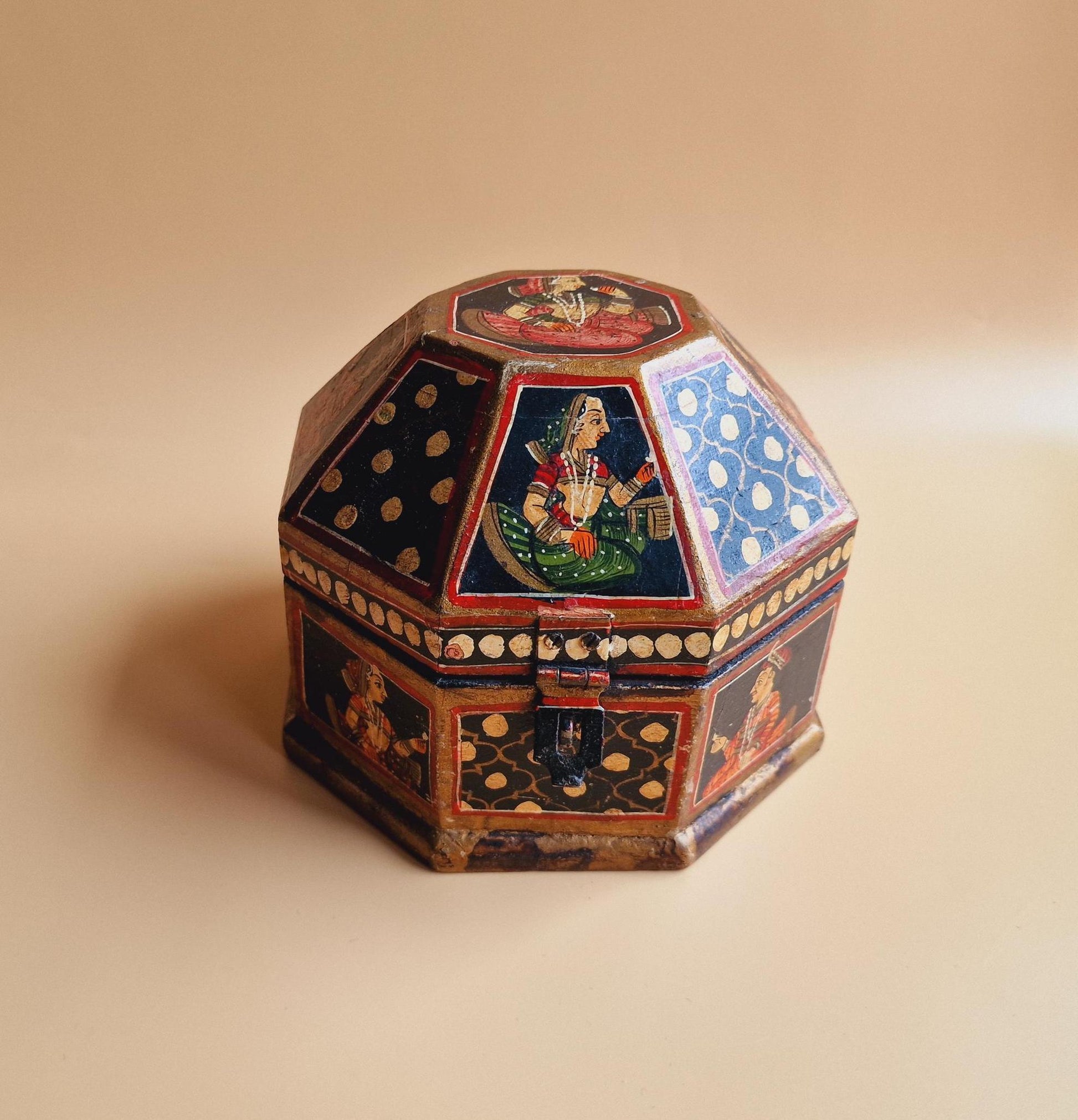 Vintage Indian Octagonal Wooden Box, Antique Mughal Wood Turban Marriage Box