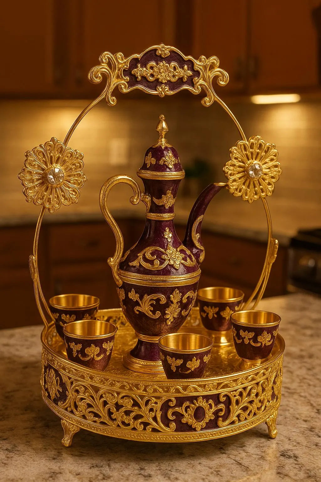 Luxury Arabian Tea Set | Gold-Plated Decorative Dallah & Cups |  Middle Eastern Decor