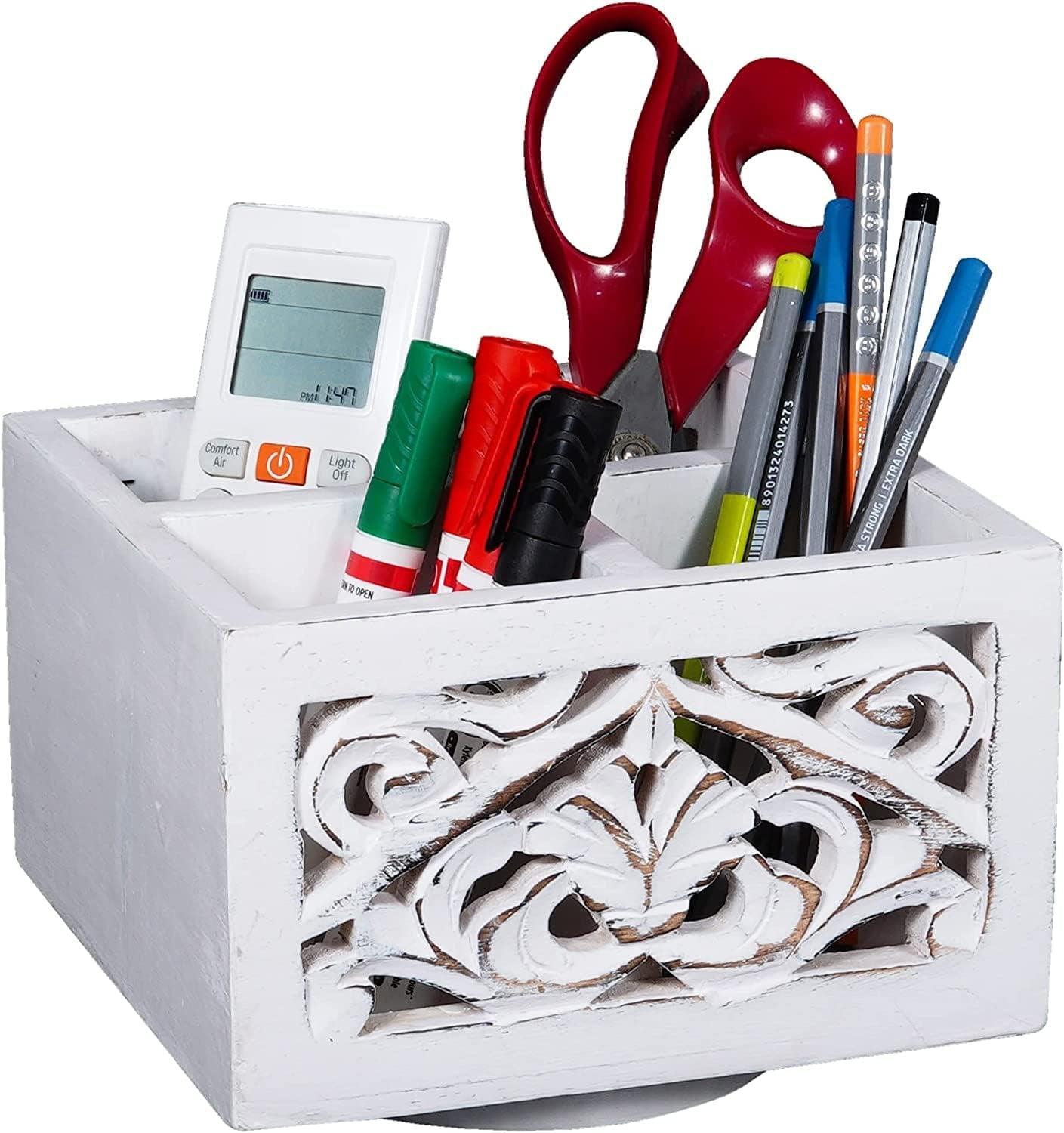 Spinning Wooden Pen Holder - Ellora, Shabby White | Pencil Cups for Desktop Organization | Rustic Farmhouse Decor | Elegant Office Desk Accessories | 4 Storage Compartments
