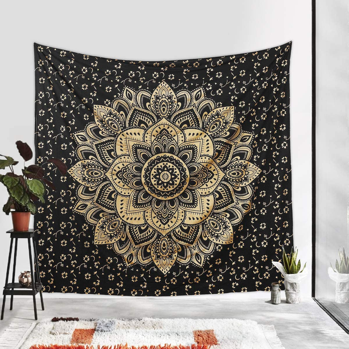 Mandala Tapestry Cotton | Indian Hippie Dorm Bohemian Psychedelic Peacock Mandala | Wall Hanging, Beach Throw, Bedsheet, Table Cover, Yoga Mat | Queen (Black-Gold, 84 X 90 Inch)
