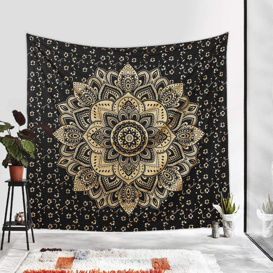 Mandala Tapestry Cotton | Indian Hippie Dorm Bohemian Psychedelic Peacock Mandala | Wall Hanging, Beach Throw, Bedsheet, Table Cover, Yoga Mat | Queen (Black-Gold, 84 X 90 Inch)