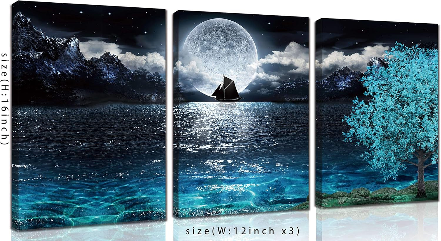 Moon Wall-Art - Teal Ocean Modern Decor Wall Decor for Living Room - Wall Art for Bedroom on Canvas Framed Size 12X16 Inches X3 Pieces