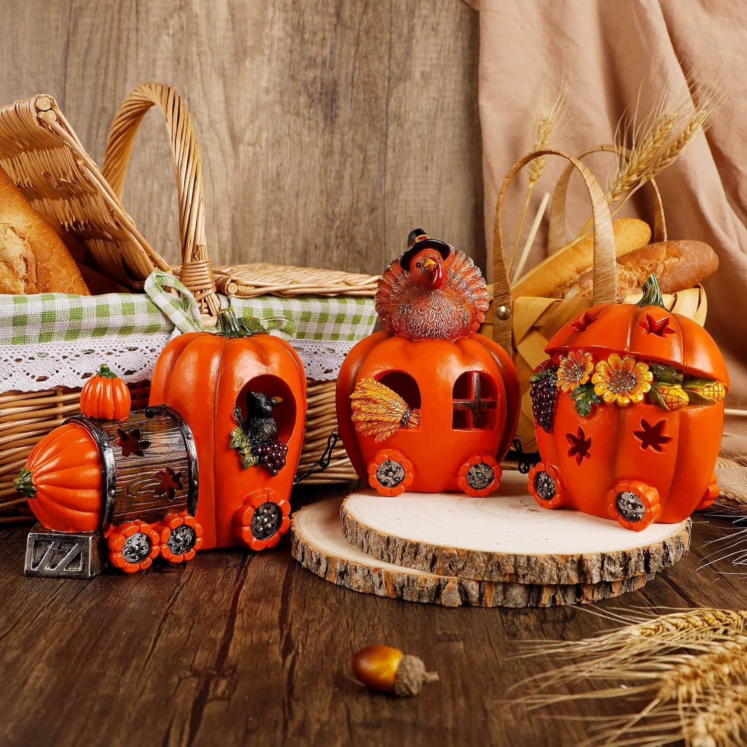 Thanksgiving Table Decorations Resin Pumpkin Turkey Carriage Train with LED Lights, Turkey Tabletop Centerpieces Fall Harvest Decor for Home Kitchen