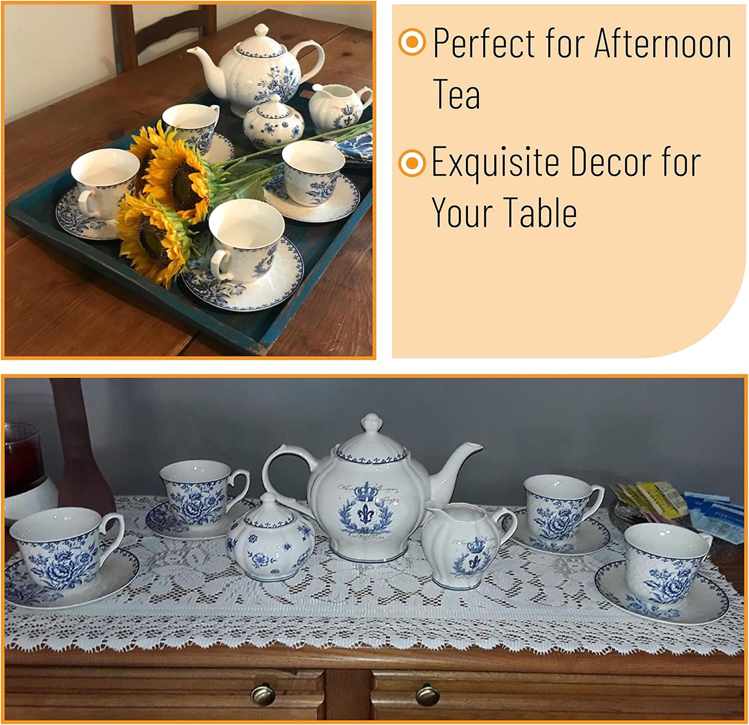 Btat- Blue Dream Tea Set, Tea Cups (8Oz), Tea Pot (48Oz), Creamer and Sugar Set, Gift Box, China Tea Set, Tea Service, Tea Cups and Saucer Set, Tea Set for Adults, Porcelain Tea Set