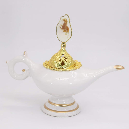 Saazeedeer Lamp Design Charcoal Incense Burner Holder, Green Ceramic Frankincense Incense Burner with Gold Lid (White)