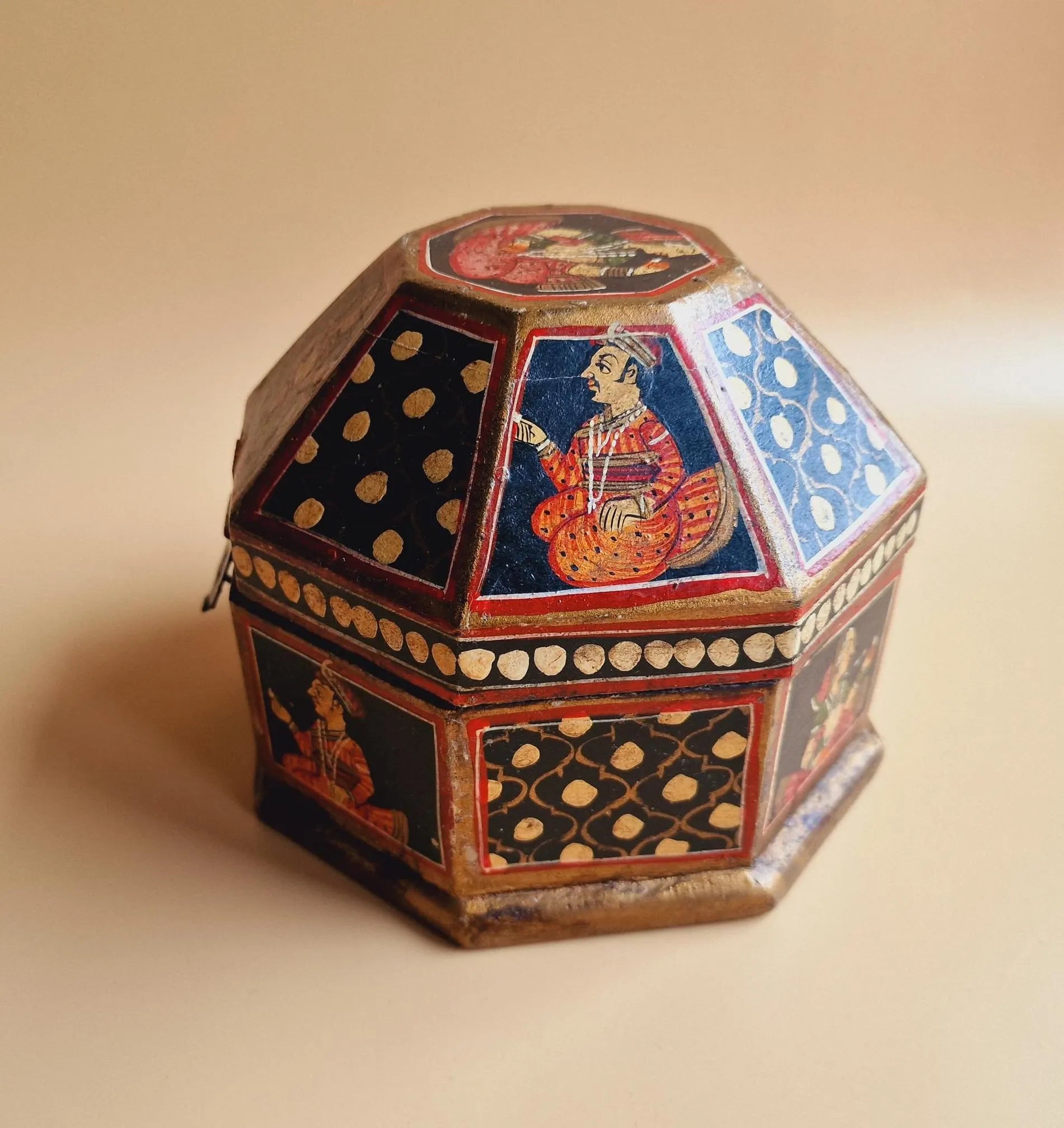 Vintage Indian Octagonal Wooden Box, Antique Mughal Wood Turban Marriage Box