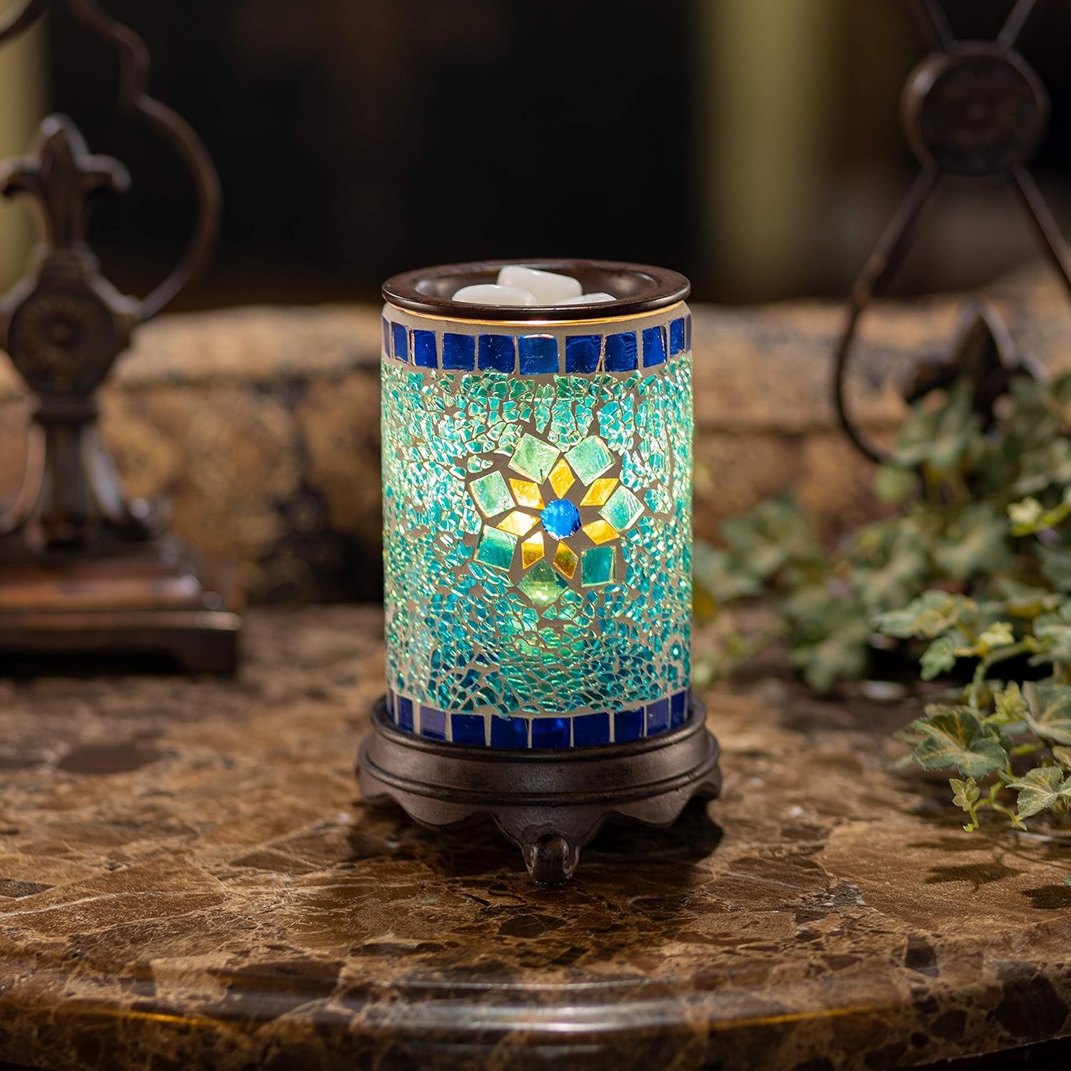 Wall Plug-In Wax Warmer for Scented Wax Mosaic Glass Sapphire and Gold Electric Home Fragrance Warmer for Essential Oils Candle Wax Melts and Tarts Scent Warmer Night Light