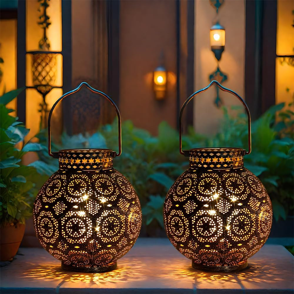 Set of 2 Moroccan Decorative Lamps 7'' High Battery Powered Cordless Lamp Metal Table Lamps with Fairy Lights Bulb for Home Living Room Garden Yard Party Events Tabletop Indoor Outdoor(Brown)