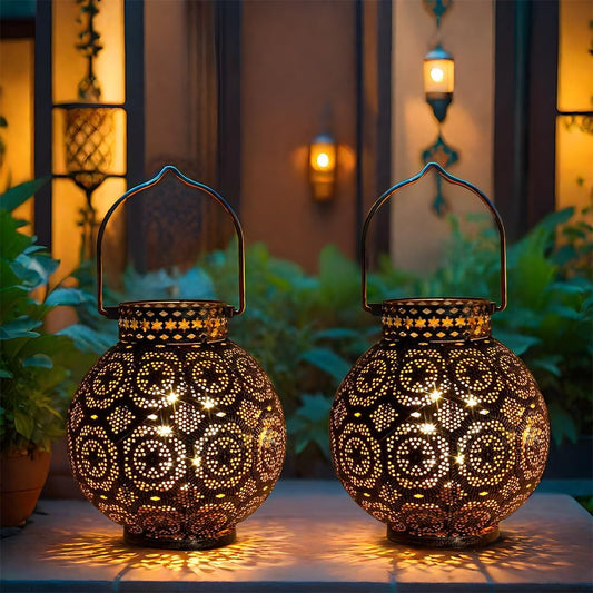 Set of 2 Moroccan Decorative Lamps 7'' High Battery Powered Cordless Lamp Metal Table Lamps with Fairy Lights Bulb for Home Living Room Garden Yard Party Events Tabletop Indoor Outdoor(Brown)