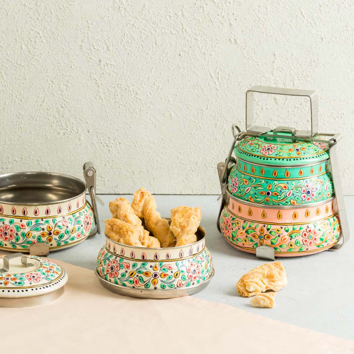 Two Tier Tiffin Box / Hand Painted Indian Style Tiffins/ Decorative Portable Steel and Enamel Food Containers /Gift for Hostess