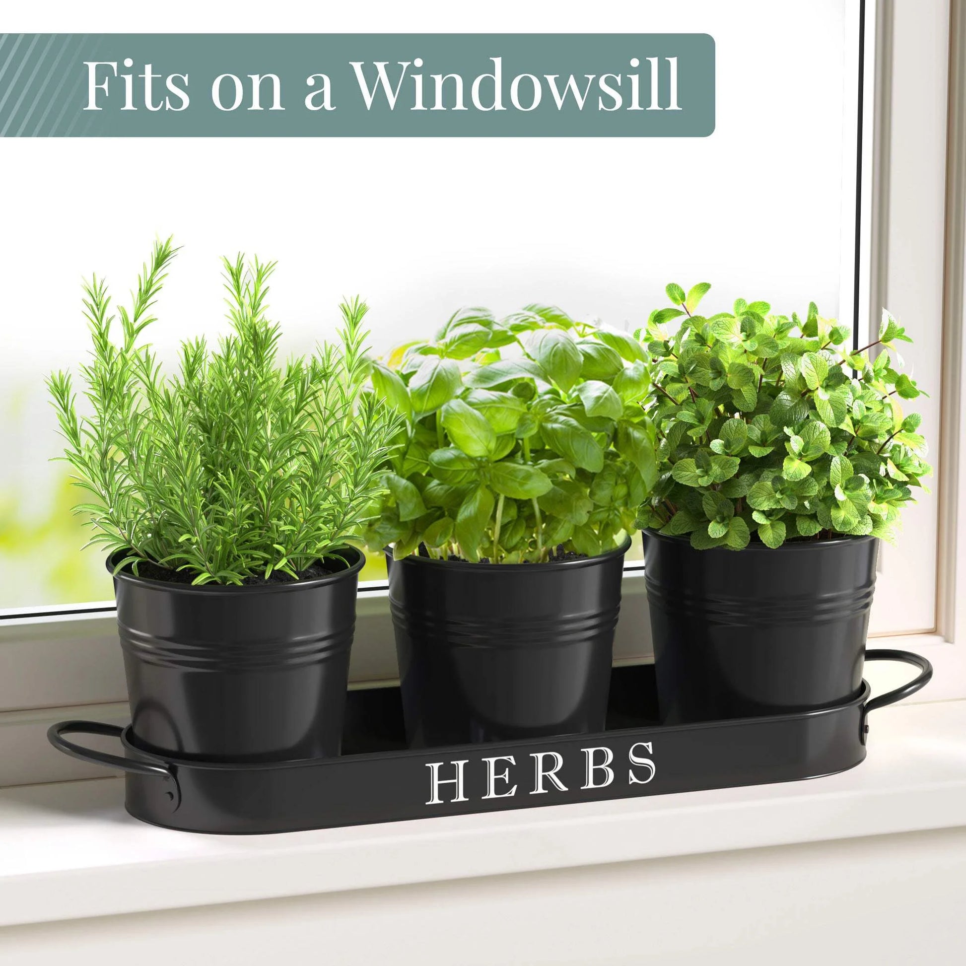 Farmhouse Herb Garden Planter Indoor Planter Set with Tray or Outdoor Apartment Window Planter Box, Windowsill Planter Box, Indoor Herb Planter Garden Pots Herb Pots, Black, Set/3