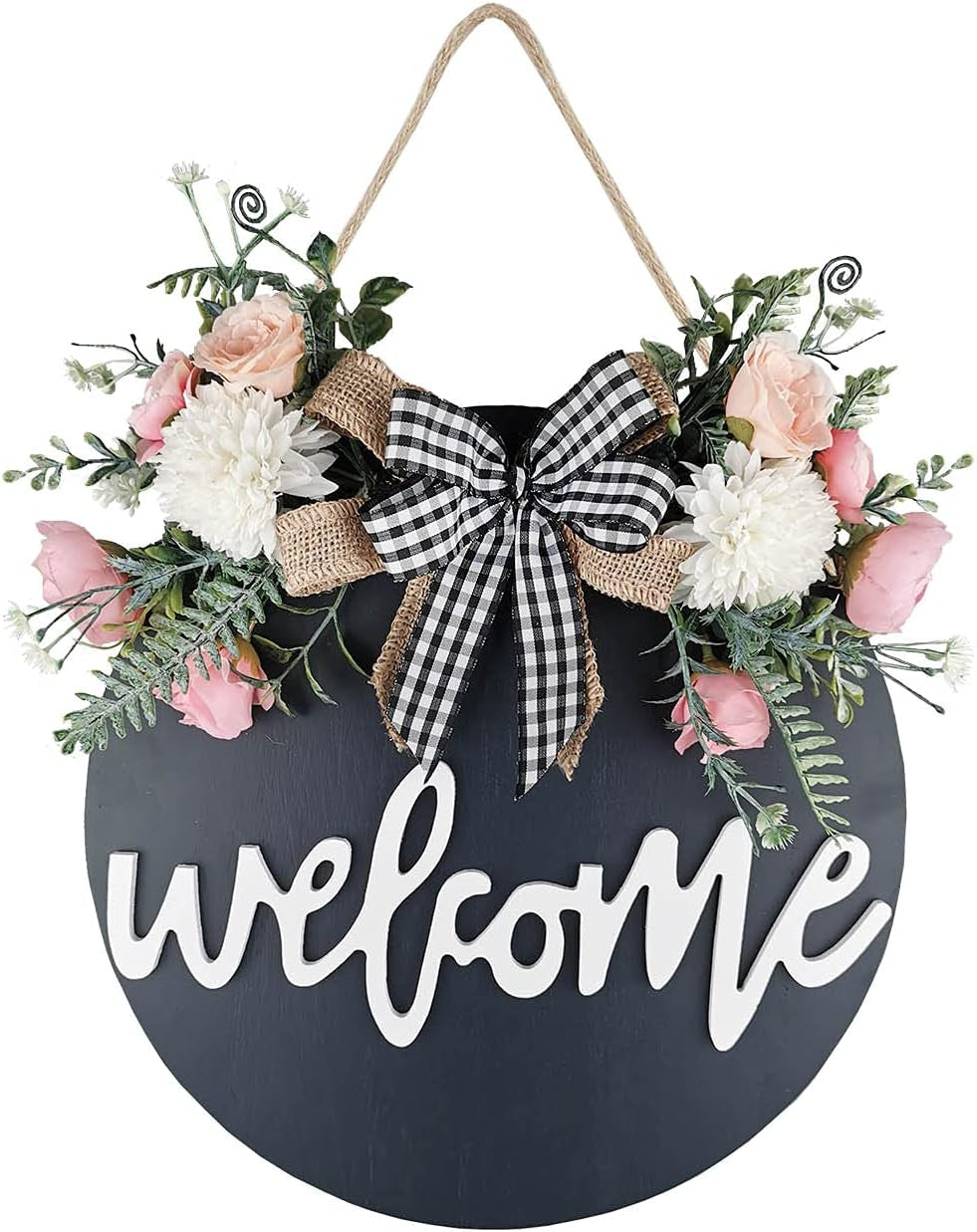Welcome Sign for Front Door, Farmhouse Porch Décor Wooden Hanging round Sign 12" Black-Floral